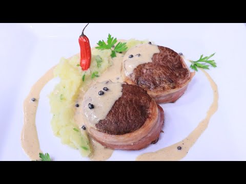 Jukysy y bife albardado con salsa de pimienta y puré de batata | Receta en Vive la Vida XL