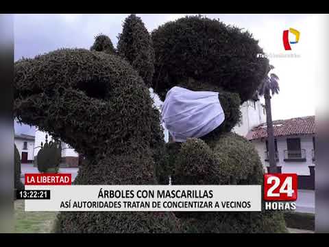 La Libertad: municipalidad de Huamachuco coloca mascarillas en árboles de la Plaza de Armas