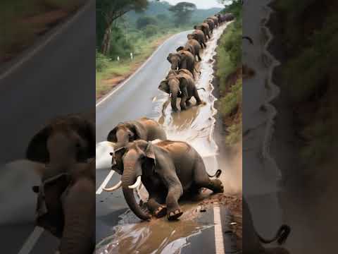 A herd of elephants glides along a waterway😱😱😱