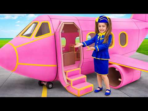 Board the cardboard plane and pretend play pilot girl