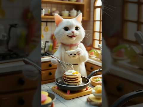 Acute and beautiful white Russian cat making a delicious🤤🍽️ food🥞 for herself #catshort#kidsflowai