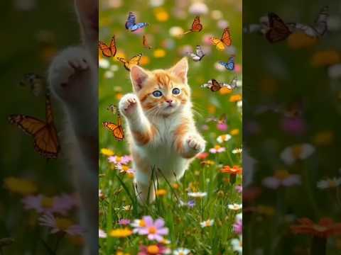 A beautiful white and yellow Russian cat funfully play in garden with butterflies☺️#viral#kidsflowAI