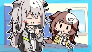ずっと行きたかった夏休みアメリカ旅行ロケをするために飛行機に乗るししろん【ホロライブ切り抜き漫画】【獅白ぼたん/戌神ころね】【手描き】