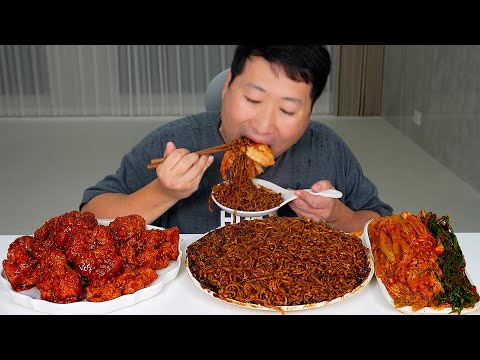 짜파게티 더 블랙과 멕시카나 양념치킨의 맛있는 조합!! (Chapagetti & Seasoned Fried Chicken) 요리&먹방 - Mukbang eating show