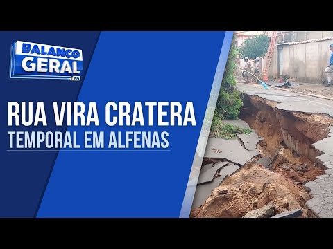 TEMPORAL ABRE CRATERA E ARRANCA CERCA DE 75% DO ASFALTO DE RUA EM ALFENAS