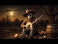 Skeleton Cowboy Playing Banjo Under Full Moon  Vintage Western Art