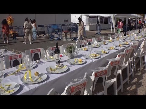 Empty dining seats display in Tel Aviv pays tribute to hostages held by Hamas