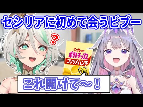 初めて会ったセシリアにお菓子を開けるのを手伝ってもらうビブー【ホロライブ切り抜き/古石ビジュー/セシリア・イマーグリーン】