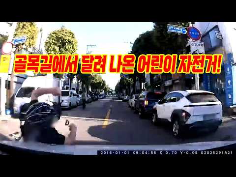 왼쪽 골목에서 달려온 자전거가 직진하는 블박차를 <strong>보고</strong> 멈춰서 블박차가 그대로 가는데, 뒤늦게 달려온 초등학생이 탄 자전거가 블박차와 부딪힌 <strong>사고</strong>