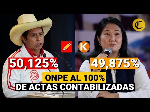 ? ONPE al 100% DE ACTAS contabilizadas: Pedro Castillo 50.125% y Keiko Fujimori: 49.875%