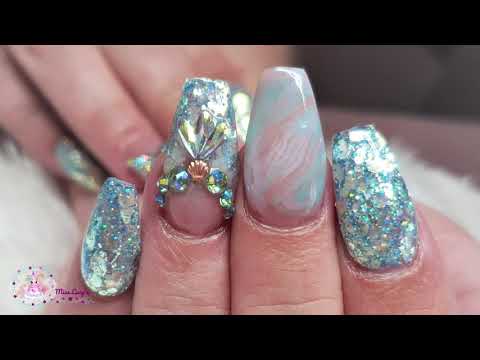 Mermaid Theme Holiday Nails - Crystal Tiara - Elektra Glitter - Acrylic Marble