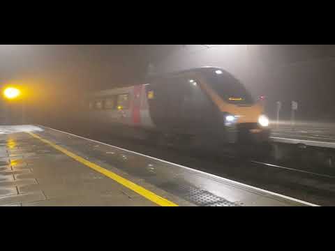 Class 221s arrive into an icy and foggy Stafford Station