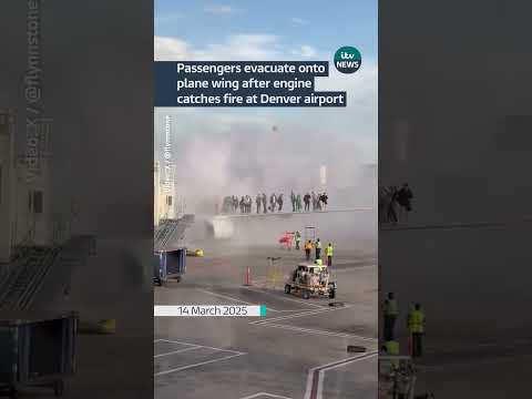 Passengers evacuate onto plane wing after engine catches fire at Denver airport #itvnews