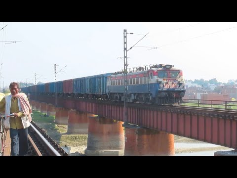 Tiger Face WAG-7 with Goods Train Passing Through Bridge Khannaut River | Indian Railways