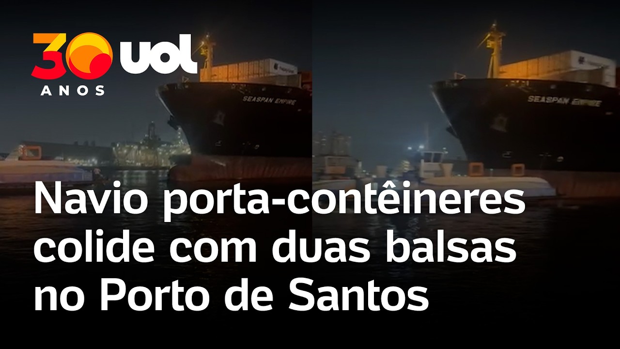 Navio porta contêineres bate em duas balsas no Porto de Santos e tripulantes saltam no mar vídeo
