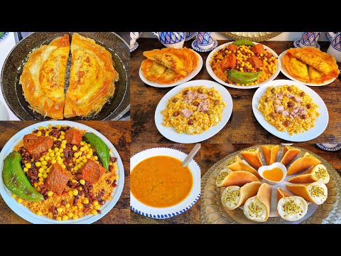 عشاء ليلة النص  كسكسي باللحم والحمص والزبيب شربة شعير بالشوفرات سلاطة خضراء قطايف بالقشطة 