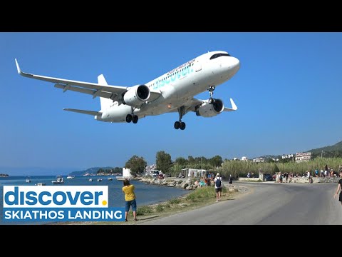 Discover Airlines Airbus A320 Low Landing & Takeoff Jetblast at Skiathos Airport | 4K Plane Spotting