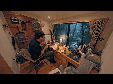 【大雨の車中泊】台風の中、車内で練炭を起こしてステーキを食べる。DIY軽トラキャンピングカー