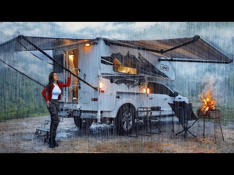 Camping in the rain at the luxury automatic truck camper l  lance camper l Nonstop rain ASMR
