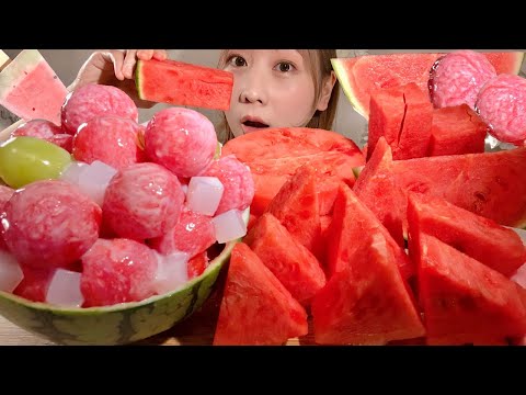 ASMR Watermelon, Condensed Milk Watermelon 【Mukbang/ Eating Sounds】【English subtitles】