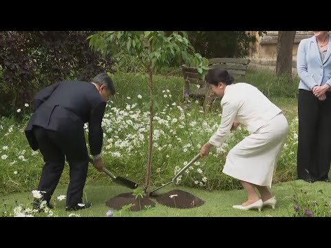 Japan's emperor plants tree at Oxford University college where he once studied