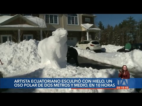 Un escultor ecuatoriano residente en Canadá sorprende al esculpir un osos de hielo de 2 metros