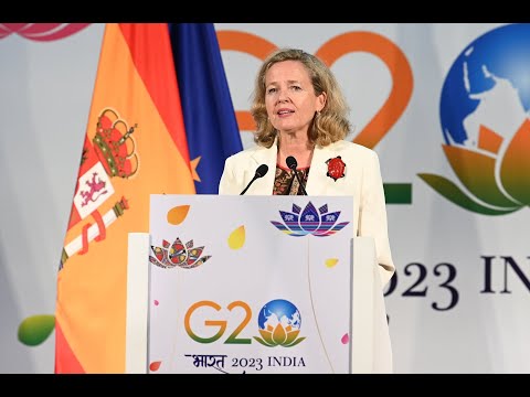 Nadia Calviño comparece ante los medios tras participar en el G20 de India