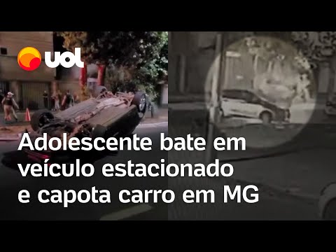 Jovem bate em carro estacionado e capota veículo em Minas Gerais; vídeo flagra momento