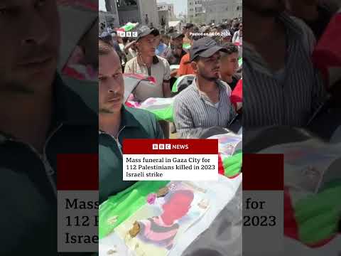 Mass funeral in Gaza for 112 Palestinians killed in 2023 Israeli strike. #BBCNews