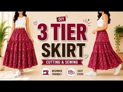 3 Tiered Skirt Cutting & Sewing Tutorial | Easy DIY Elastic Waist Skirt  #stalkmycloset #skirt #sew