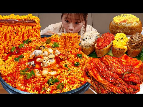 🌶생굴진짬뽕,유부초밥,굴전,김장김치,계란라죽🍜 추운 날에 먹는 통통한 생굴라면에 생김치 😋 라면 먹방 요리 NOODLE MUKBANG ASMR EATINGSHOW REALSOUND