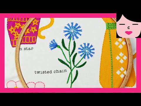 중급 프랑스자수 스티치 샘플러 트위스트 체인 스티치 수레국화 꽃자수 STITCH SAMPLER  Twisted Chain Stitch Cornflower Embroidery