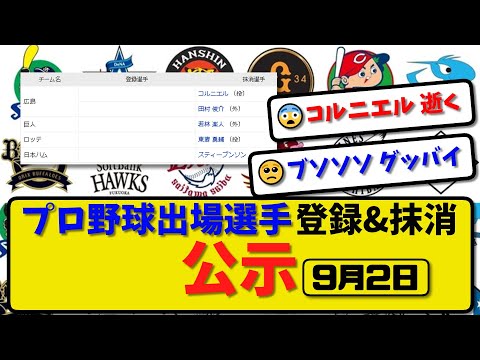 【公示】プロ野球 出場選手登録＆抹消 公示9月2日発表｜広島コルニエル&田村 巨人若林 ロッテ東妻 ハムスティーブンソンら抹消|ら登録【最新・まとめ・反応集・なんJ・2ch】