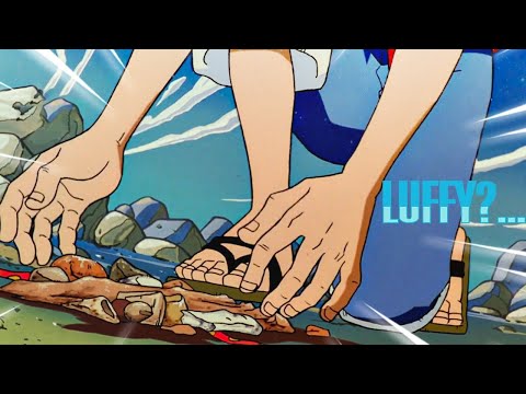 Luffy eats his friend's food that was stepped on the floor