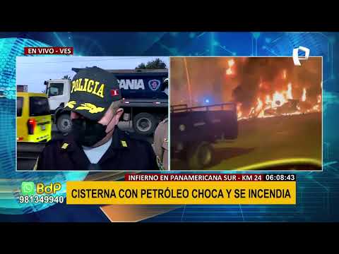Infierno en la Panamericana Sur: Incendio consume camión cisterna con petróleo y un auto en VES
