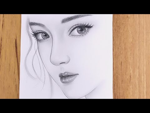 Hermoso retrato a lápiz dibujado, a lápiz, aprende a dibujar ojos, boca, nariz.