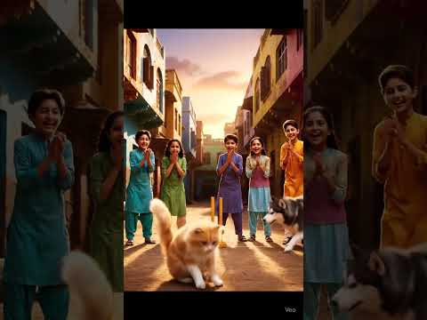 Children playing cricket with Cat and Husky Dog #dog #cat #catvsdog #shorts #viralshorts