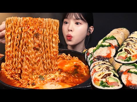 SUB)맵칼한 열라면에 묵은지참치김밥 먹방! 통계란 명란아보카도김밥까지 분식 꿀조합 리얼사운드 Ramyeon & Gimbap Mukbang Asmr