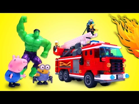 Peppa Pig and Minions Rescue by Hulk Police car and FireTruck / Peppa Pig  Superhero Real Life Lego