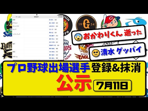 【公示】プロ野球 出場選手登録＆抹消 公示7月11日発表｜阪神西 ヤク奥川 オリ村西 ロッテ石川 ソフ東浜&仲田 楽天櫻井&松井&津留崎&堀内 西武中村 ハム黒木&清水ら抹消|【最新・まとめ・反応集】