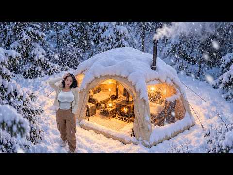 Camping in Snow Storm❄️with Inflatable Hot Tent | Winter Camping ASMR