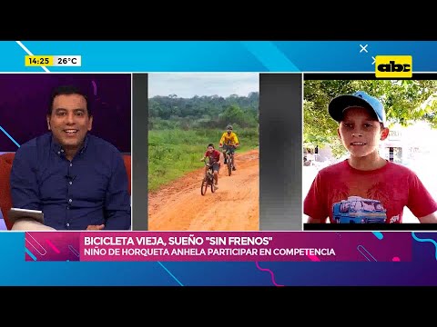 Horqueta: niño sueña con competencia de ciclismo, mientras se prepara con una bici sin frenos