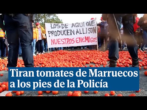 Agricultores tiran tomates de Marruecos a los pies de la Policía en Motril