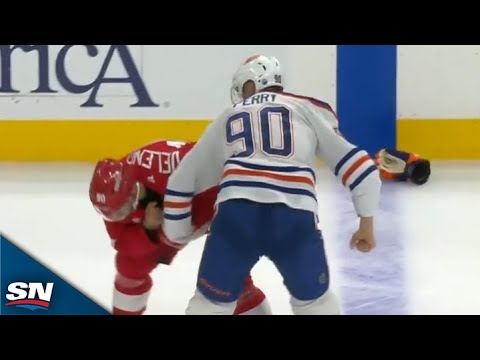 Oilers Corey Perry Takes On Red Wings Joe Veleno In Spirited Tilt