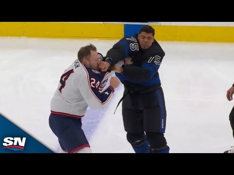 Maple Leafs Ryan Reaves And Blue Jackets Mathieu Olivier Trade Huge Blows In Heavyweight Slugfest