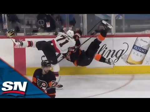 Senators Ridly Greig Knocks Rasmus Ristolainens Helmet Flying With Huge Hit