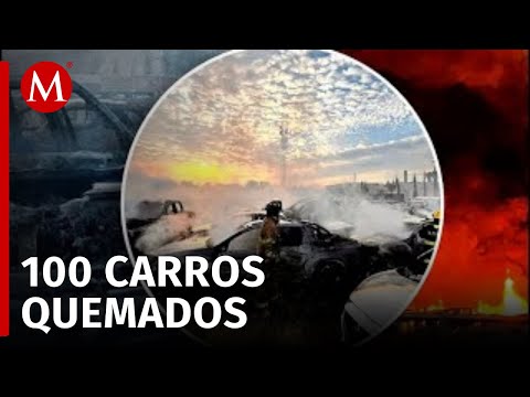 Almacen se incendia dejando 100 vehículos quemados en Aguascalientes