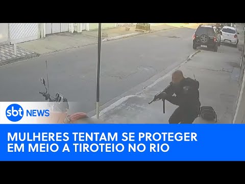 Mulher e idosa tentam se proteger em meio a tiroteio no Rio