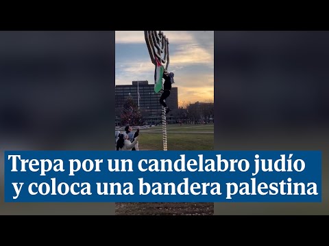 Lío en la Universidad de Yale: trepa por un candelabro de Hanukkah y coloca una bandera palestina