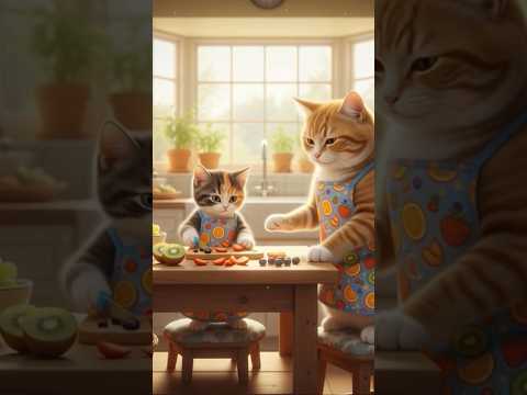 “Cute Baby Cat Cutting Fruits with Mom 🍎🐱 | Heartwarming Kitchen Moments”